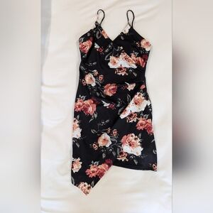 Black Floral Asymmetrical Bodycon Mini Dress, Size L